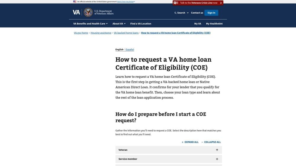 Screenshot of VA.gov Certificate of Eligibility Portal website
