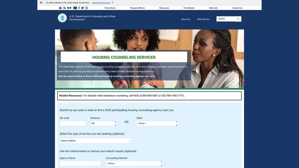 Screenshot of HUD-Approved Housing Counselor Locator website